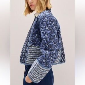 Blue Cropped Quilted Patterned Jacket Lightweight NWOT